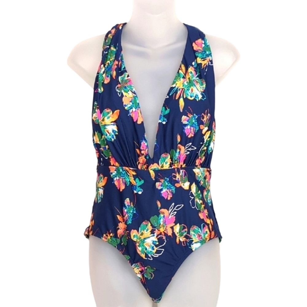 Sea Angel Plunge Neckline One Piece Swimsuit Criss Cross Back Navy Floral Large